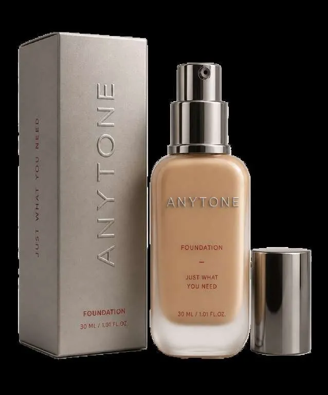 ANYTONE Foundation 30 ml bottle and carton, titanium finish