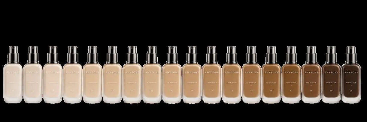 The ANYTONE foundation line, bottles from lightest to deepest shade